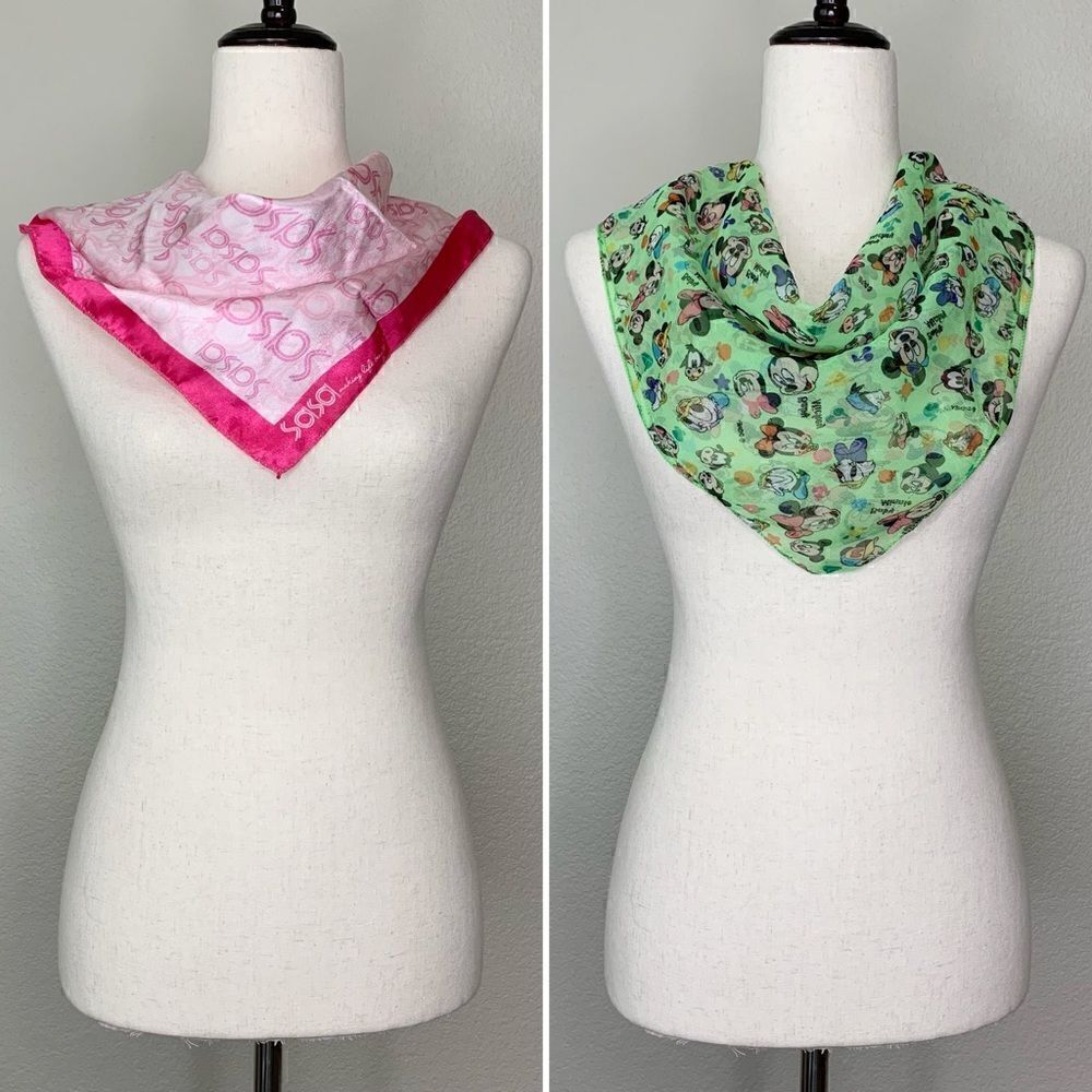 BUNDLE (2) Disney Mickey Minnie & Sasa Malaysia Pink Silk Square Bandana/Scarf